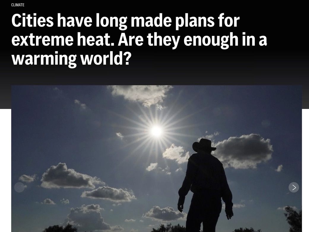 Thumbnail of an associated press article picturing a man with a cowboy hat under a blazing sun, walking away from the camera.  