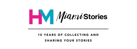 HistoryMiami logo in Miami Vice pink and blue with text: Miami Stories, 10 years of collecting and sharing your stories